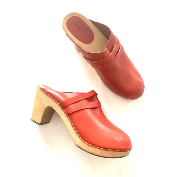L.L. Bean Shoes - LL Bean Red Leather Wood Clogs Mules